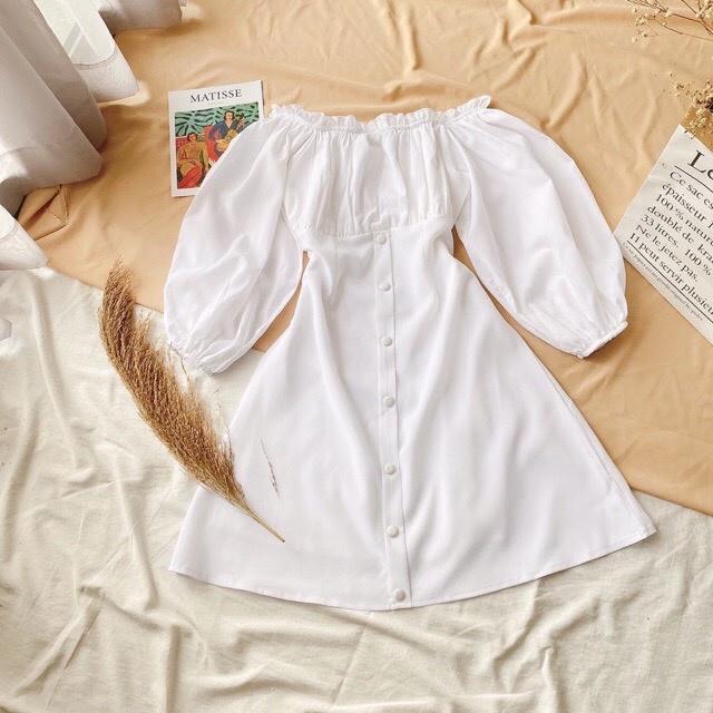 Váy trắng, váy babydoll trễ vai tiểu thư tay bồng hở lưng, mặc đi biển, đi chơi, đầm dự tiệc sang trọng siêu xinh,VAY003