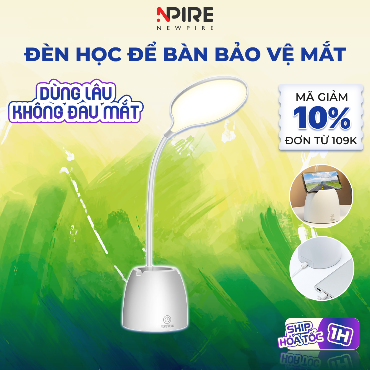 Đèn Học Để Bàn Tích Điện Chống Mỏi Mắt, Với 3 Chế Độ Sáng Bảo Vệ Mắt - Đèn Bàn Học Mini Không Dây Cảm Ứng Xoay Được