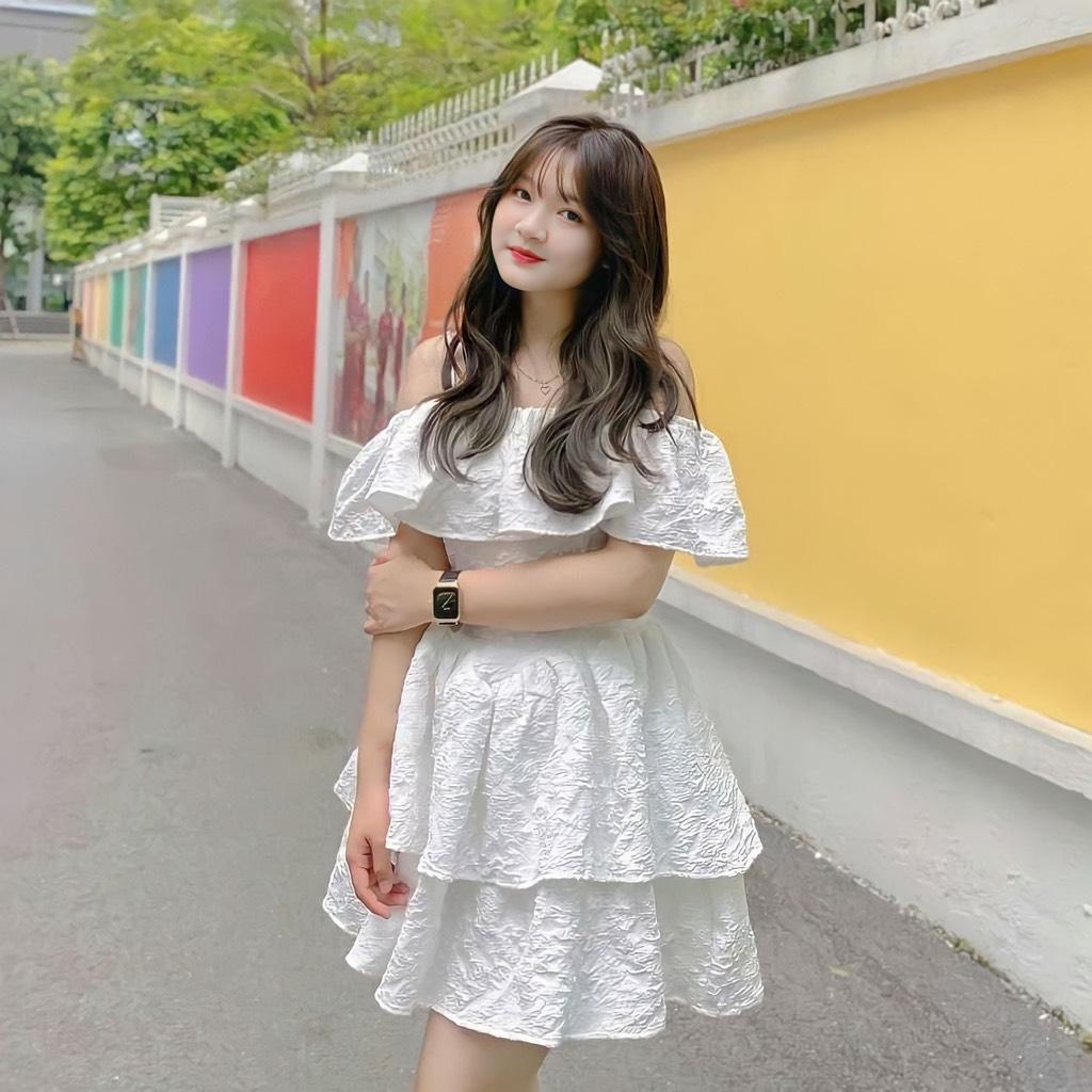 Đầm xòe gấm trễ vai bèo tầng siêu xinh