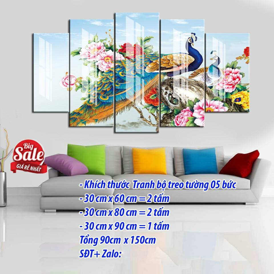 Tranh treo tường trang trí Chim công - Khổng tước 5 tấm 3D/gỗ MDF Hàn Quốc chống ẩm mốc, mối mọt