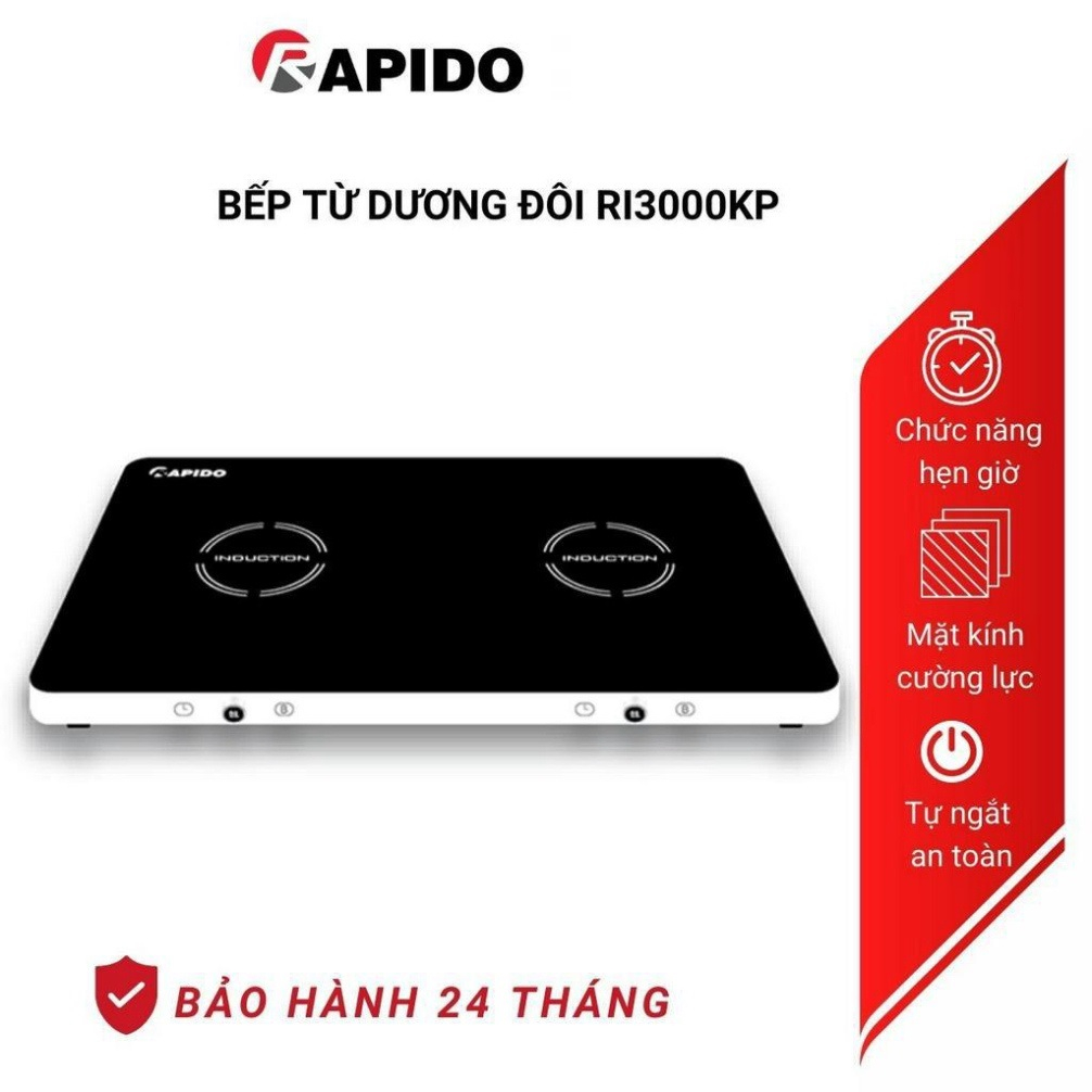 Bếp từ dương đôi Rapido RI3000KB, bếp điện từ đôi kính cường lực, chế độ an toàn hẹn giờ tự động ngắt - Hàng chính hãng