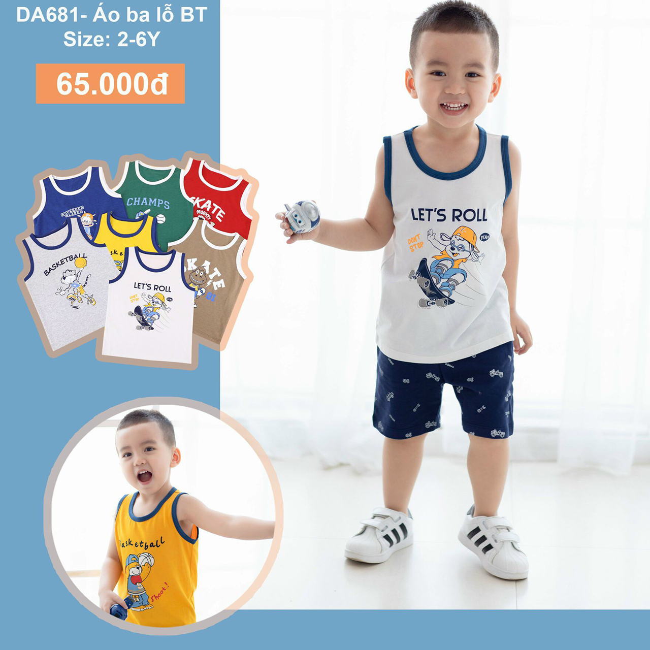 Áo ba lỗ sát nách bé trai sợi tre họa tiết thể thao viền cổ 1-6T