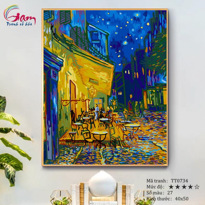 Tranh sơn dầu số hoá tự vẽ trừu tượng - Mã TT0734 Quán cà phê đêm ở Arles Van Gogh