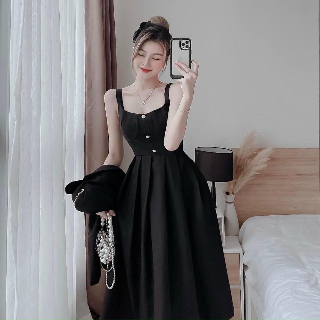 Set đầm midi đen 2 dây kèm áo khoác vest croptop tay dài đính cườm tiểu thư sang chảnh dự tiệc nina lê