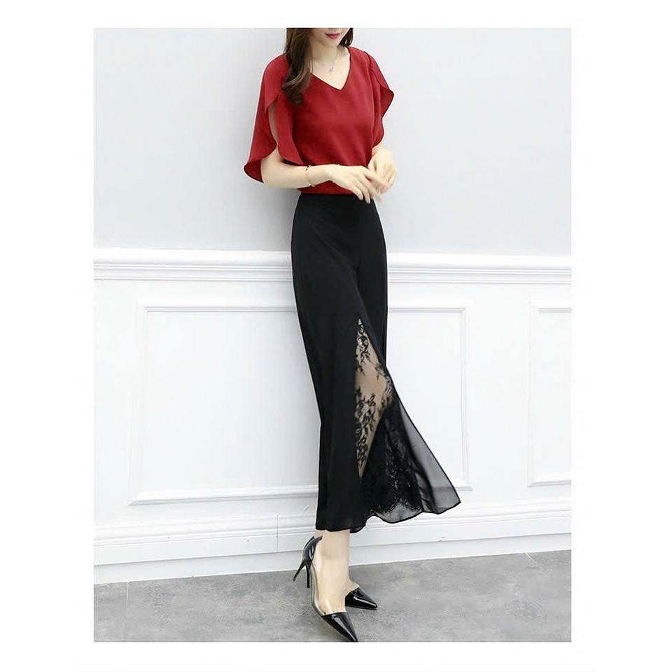 Set Bộ Áo Kiểu Quần Ống Rộng Phối Ren - Set Bộ Hàng Thiết Kế Cao Cấp