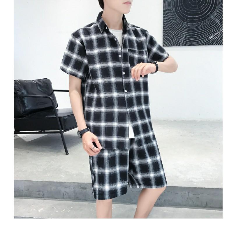 Bộ quần áo sơ mi kẻ caro cộc tay nam, vải thô mềm mát, thích hợp mùa hè, thời trang trẻ, hàng nhập Quảng Châu