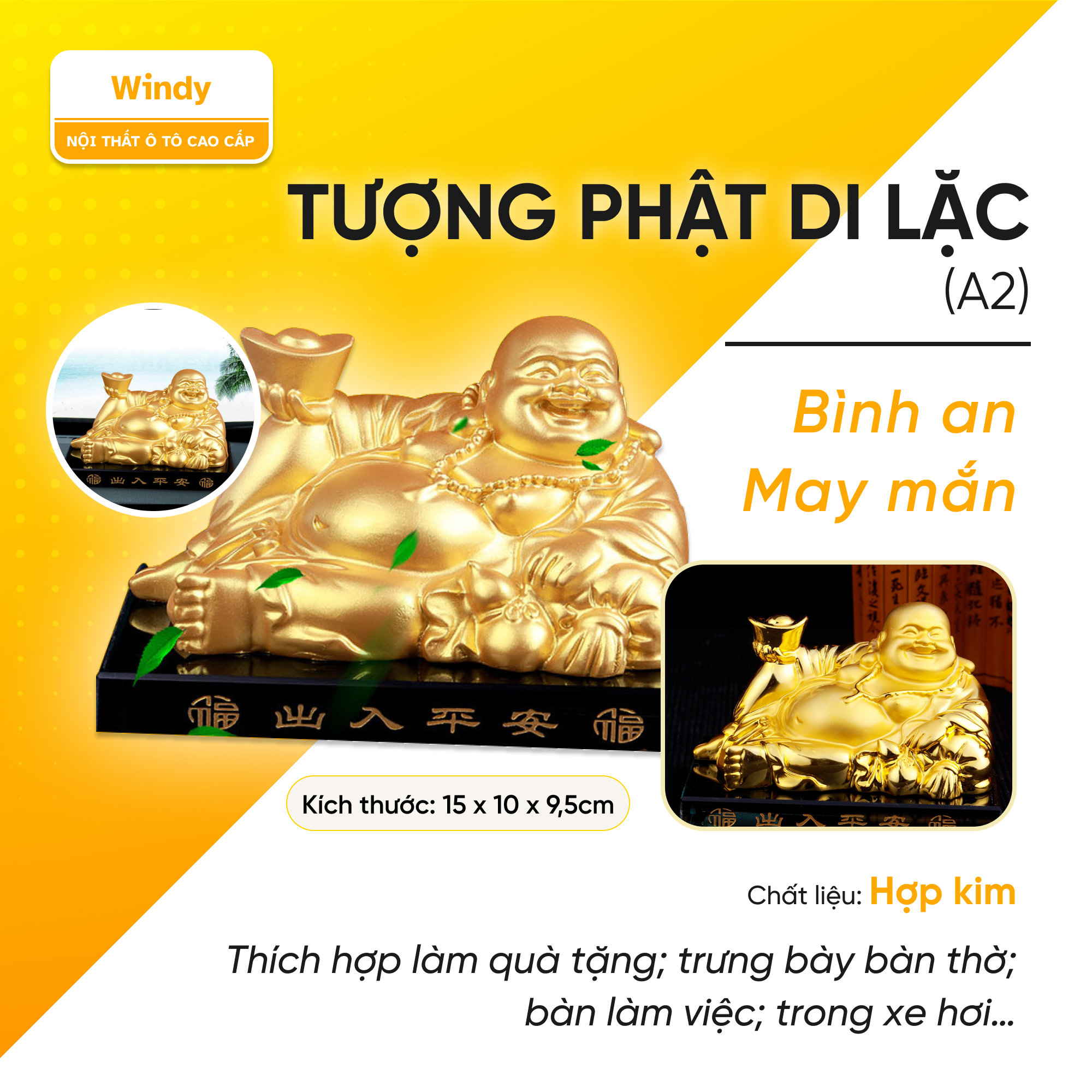 Tượng Ngài Di Lặc, Composit Sơn Vàng, Cao 9.5cm Để Xe Hơi , Để Bàn Làm Việc
