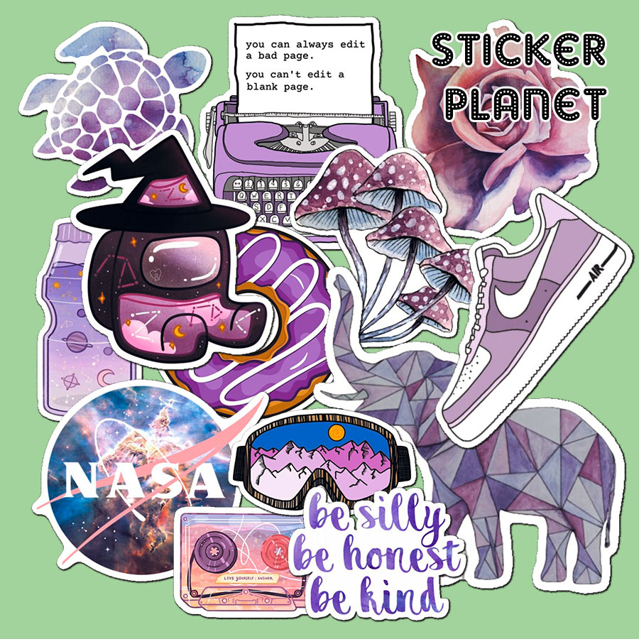 Bộ sticker chống thấm nước trang trí mũ bảo hiểm, đàn, guitar, ukulele, điện thoại laptop, dán sticker macbook sticker chủ đề màu tím