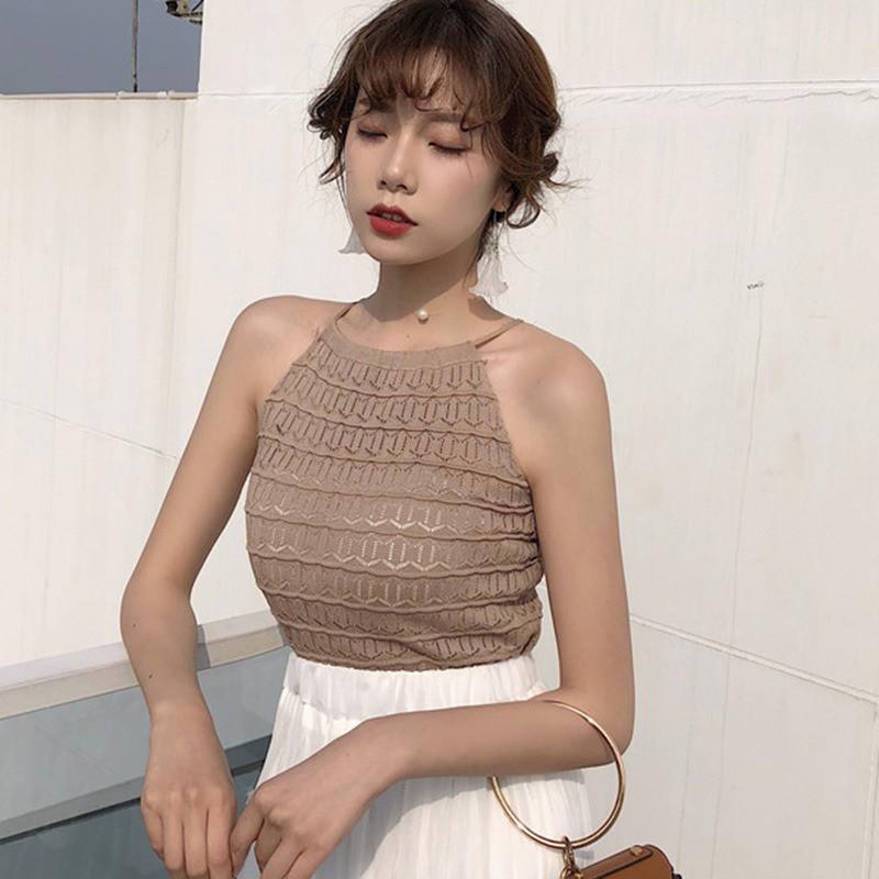 Áo nữ không tay dệt kim thiết kế cổ yếm quyến rũ