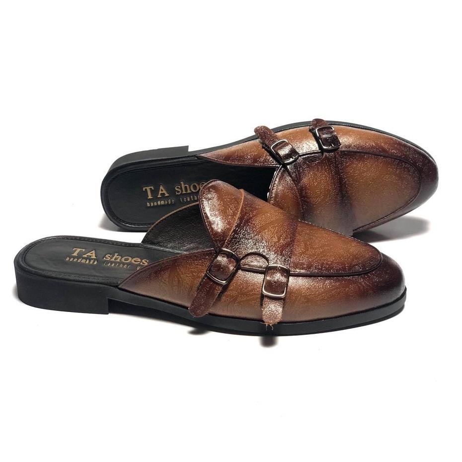 Giày sục nam ERMAND da Pu Pu bảo hành 1 năm kiểu dáng Double Monk Strap Slipper hiện đại - Mã T32