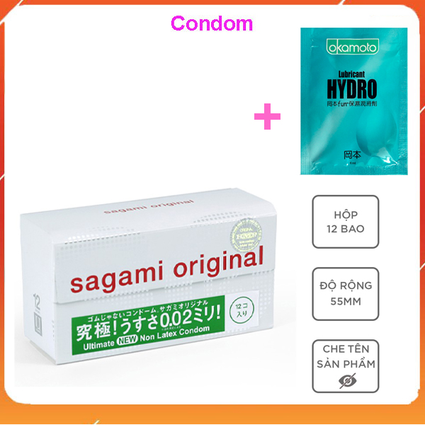 Bao cao su Sagami Origina l 0.02 siêu mỏng, truyền nhiệt tốt, độ đàn hồi cao, đẳng cấp nhất (Hộp 12) + CONDOM Tặng kèm 1 gói Gel Okamoto Nhật Bản. (Che tên sản phẩm khi giao)