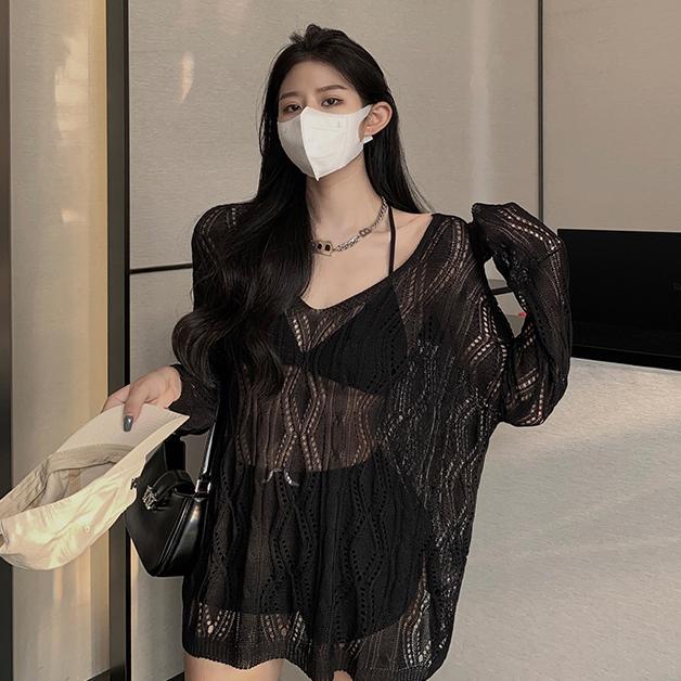 [L2M] Áo LƯỚI len Montoghi dệt kim ĐAN DÂY V MẶC 2 KIỂU phom rộng tay dài cá tính