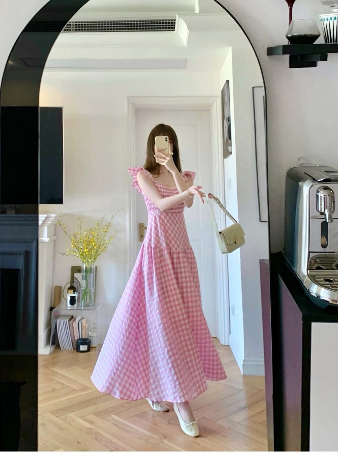 CHENGRUI Cao cấp bông màu hồng kẻ sọc ăn mặc cho phụ nữ Pháp retro nhỏ thiết kế cao cấp giảm tuổi váy dài dễ thương