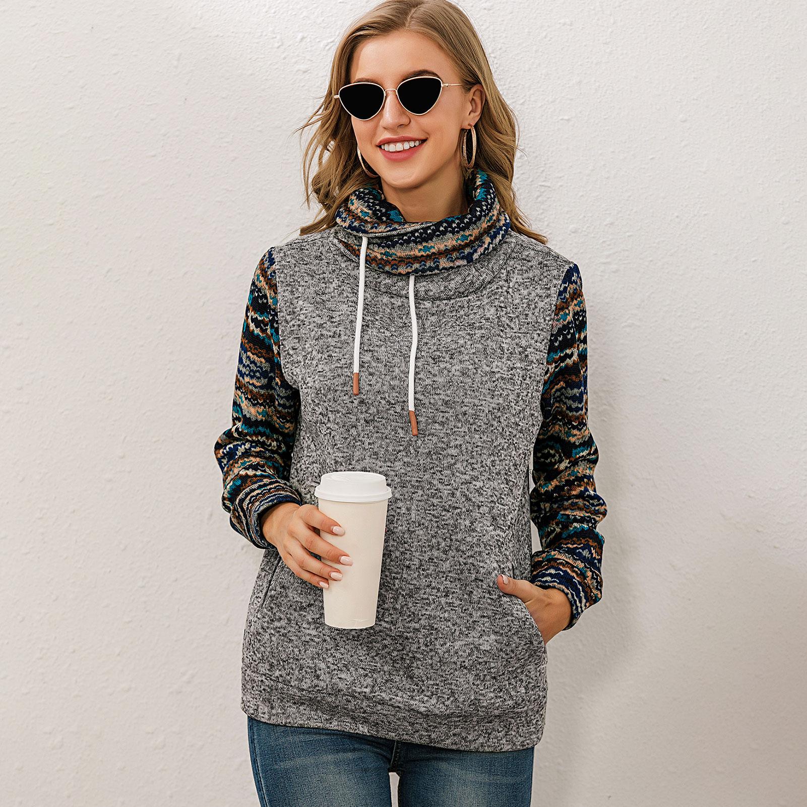 Women Sweatshirt Vintage Print Splicing Turtleneck Pocket Brushed Pullover Shirt Soft Casual Tops