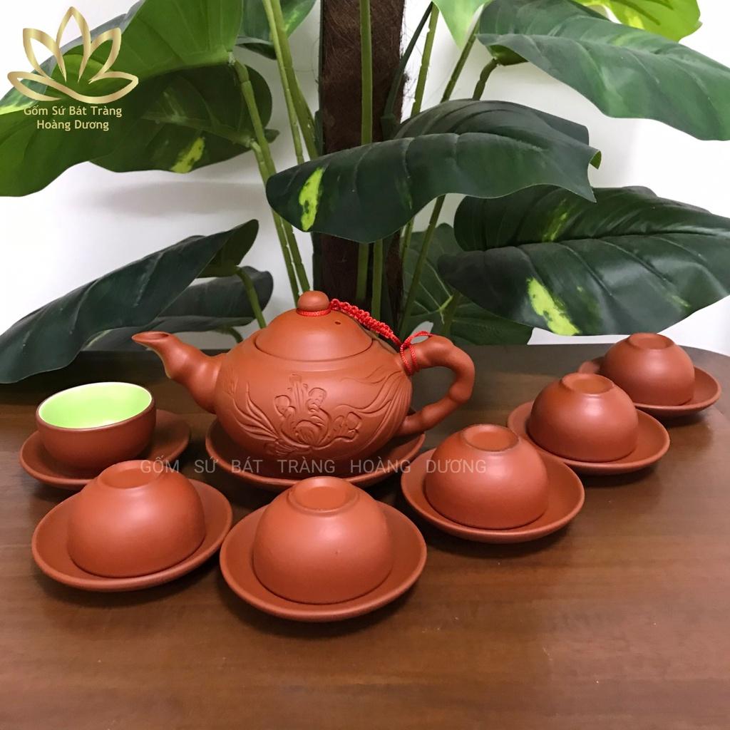 Bộ ấm chén đất nung Bát Tràng khắc hoa Phù dung đỏ 280ml