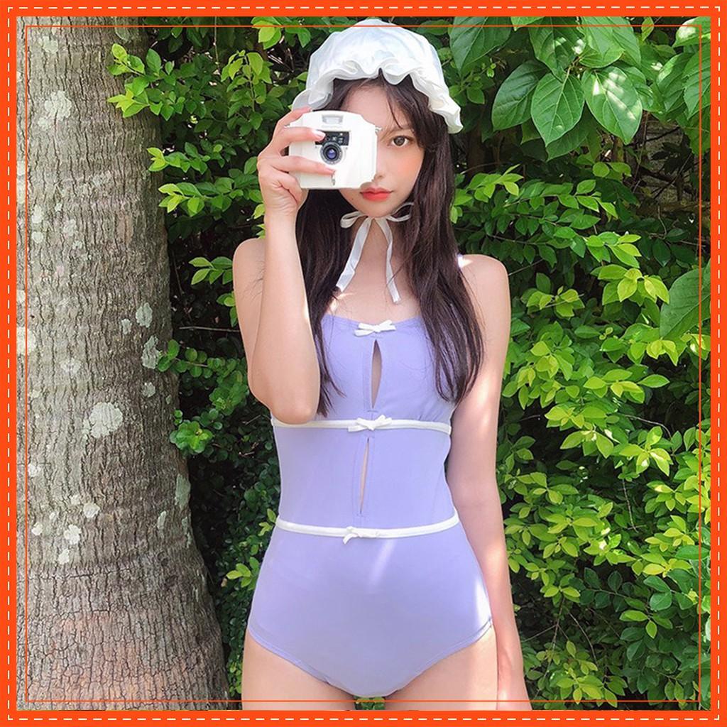 Bikini Đồ Bơi Hàn Quốc Cao Cấp Một Mảnh Tím Pastel Dễ Thương Chất Thun Lạnh Dày Dặn Co Giãn 4 Chiều Che Khuyết Điểm
