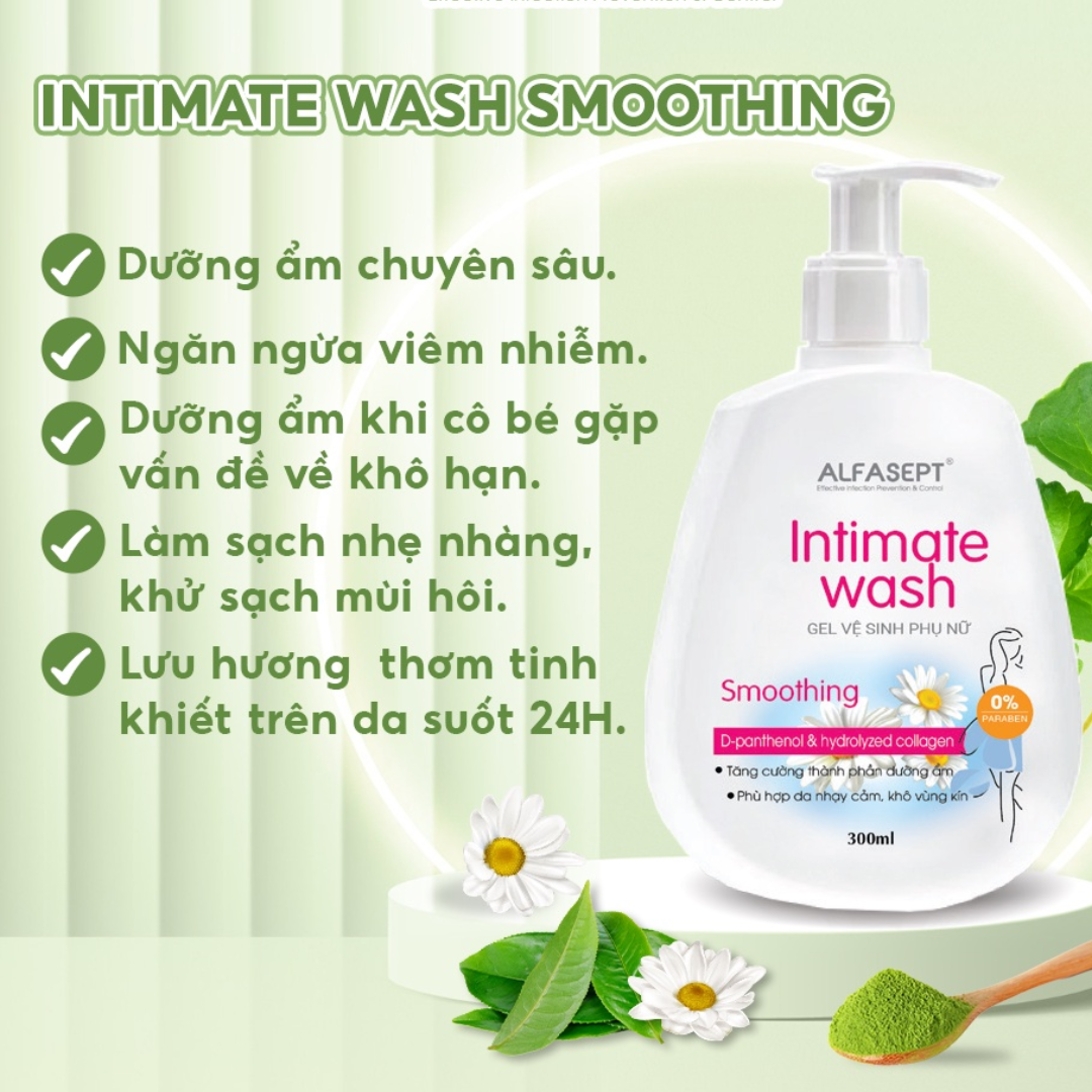 Dung Dịch Vệ Sinh Phụ Nữ Dạng Gel ALFASEPT Intimate Wash Smoothing Chiết Xuất Cúc La Mã Dịu Nhẹ - Tăng Cường Dưỡng Ẩm Chống Khô Rát Chai 150ml/300ml