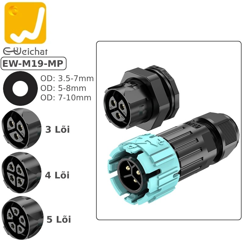 Đầu cút nối điện chống nước IP68 lắp panel hộp kỹ thuật 3,4,5 pin E-Weichat EW-M19-MP. Hàng Chính Hãng