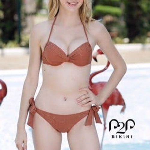 P2P BIKINI - Bikini hai mảnh push up cột cổ, quần tam giác cột dây đính cườm cam đất - BTK400M_TG