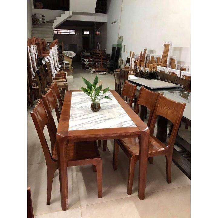 Bộ bàn ghế ăn gỗ sồi nga bàn mặt đá 6 ghế