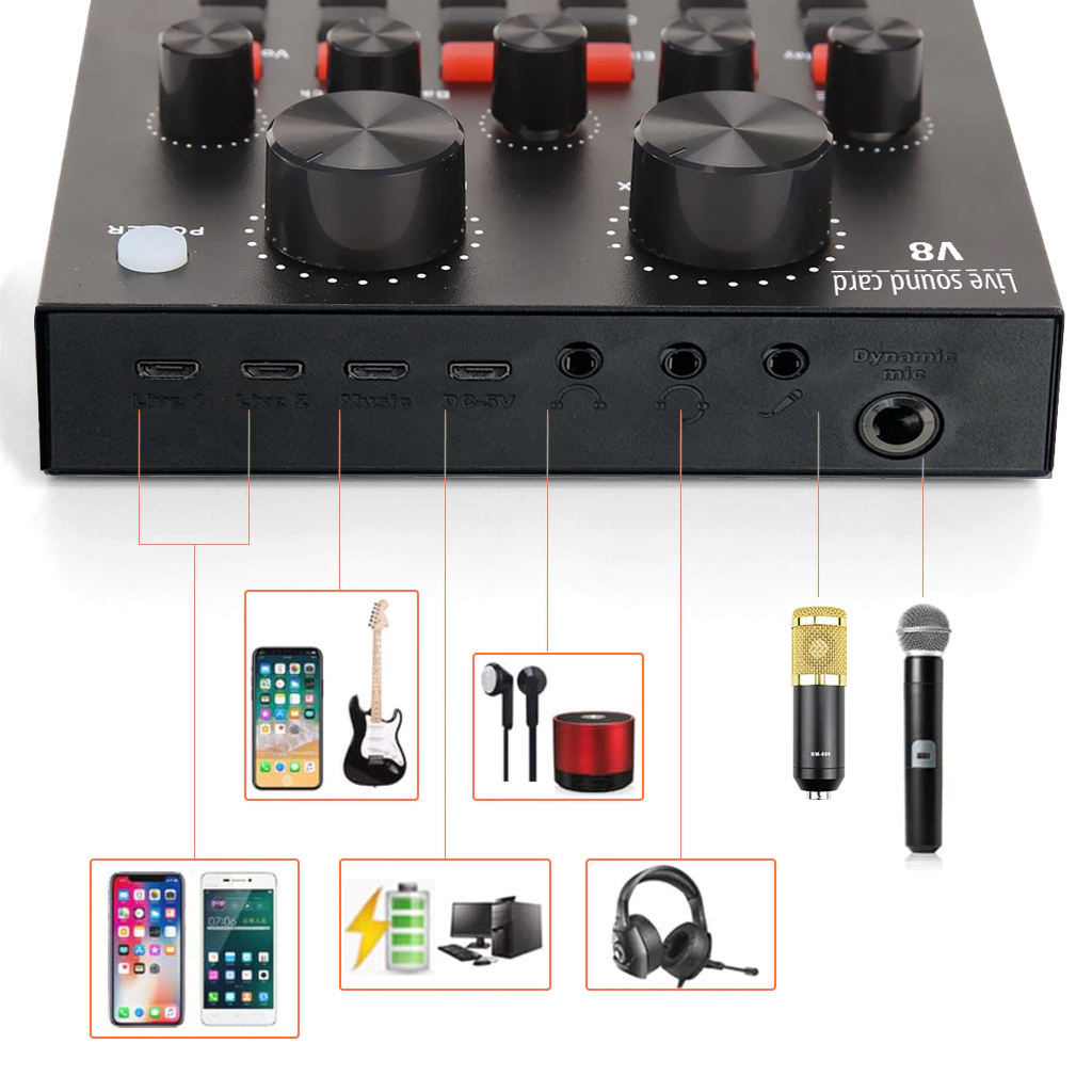 Soundcard V8S PRO kết nối bluetooth có autotune dành cho mic thu âm, livestream - hàng chính hãng