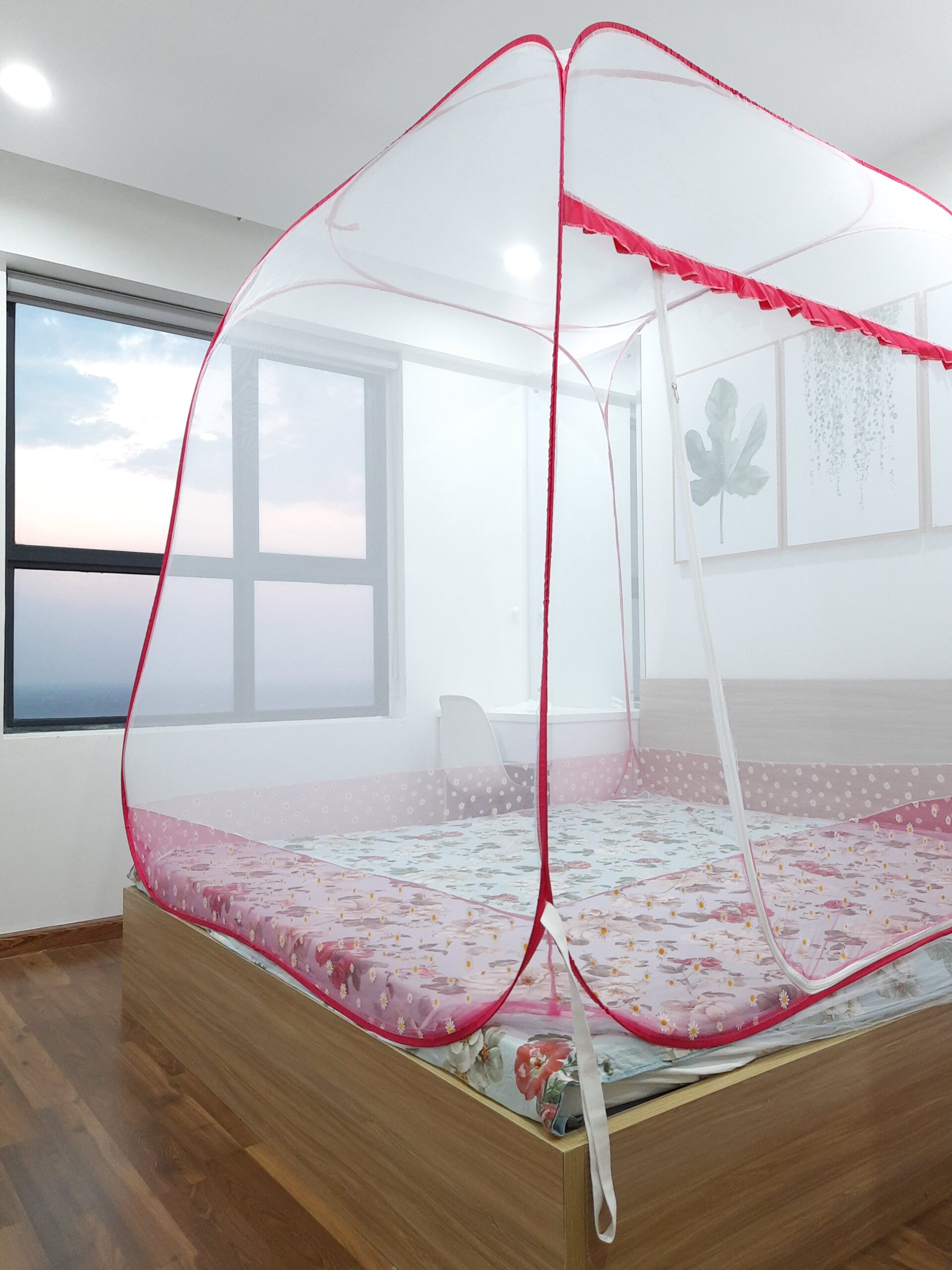 Màn chụp tự bung đỉnh vuông, giá xưởng ️FREESHIP️ hàng việt nam 100% - mùng tự bung cao cấp - 2m2x2m - Viền Chân Hồng