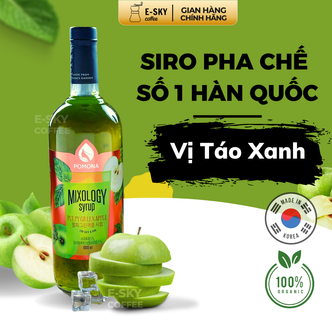 Siro Táo Xanh Pomona Pulpy Green Apple Syrup Nguyên Liệu Pha Chế Hàn Quốc Chai Thủy Tinh 1 Lít