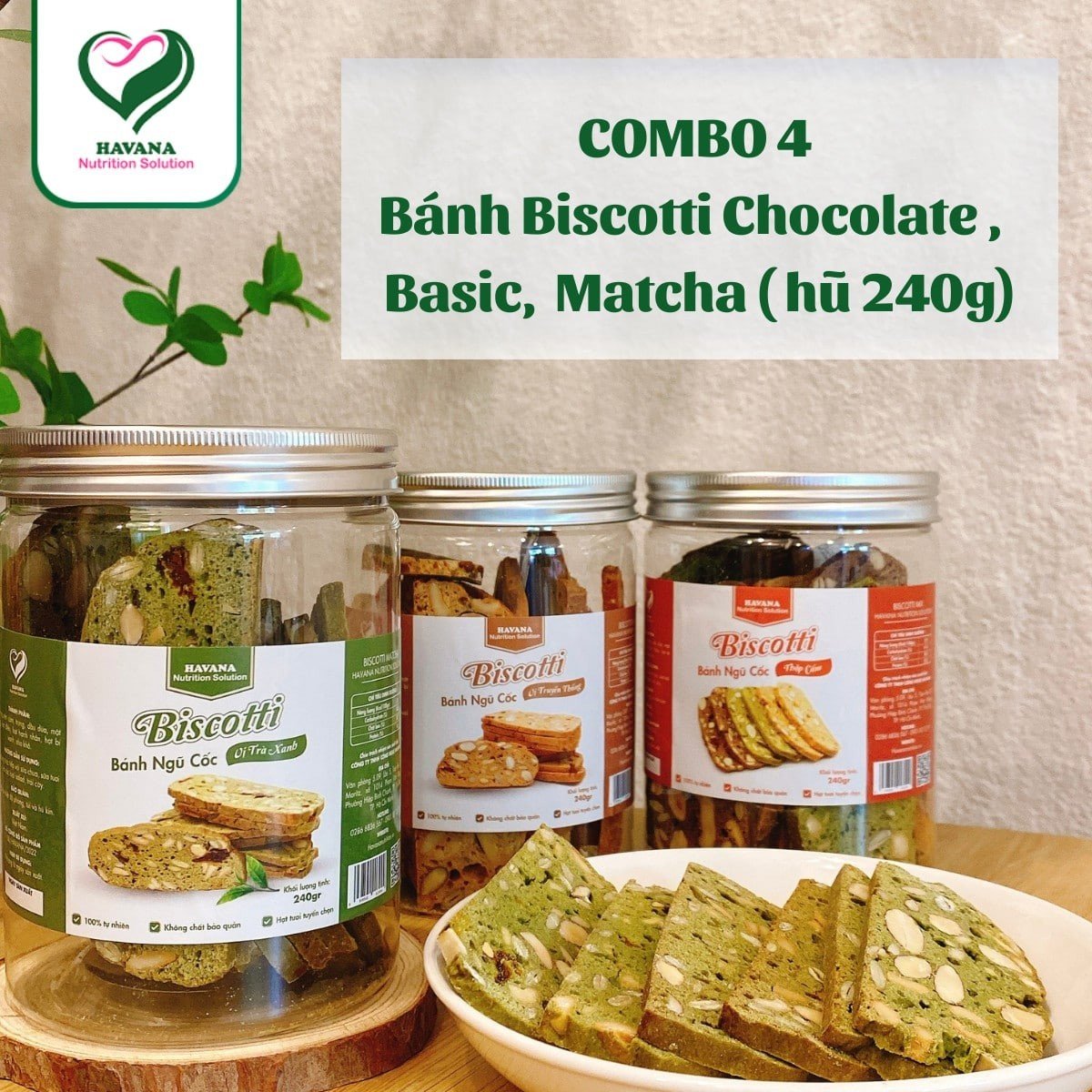 Combo 4 : Bánh ăn kiêng HAVANA - Bánh Biscotti chocolate , Bánh Biscotti Basic, Bánh Biscotti Matcha - hũ 240g