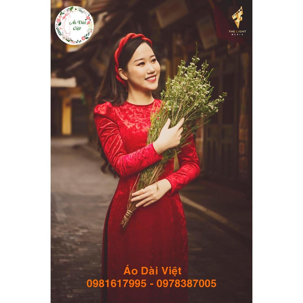 Áo dài nhung đỏ nhám Vai Bồng Áo Dài Việt sẵn áo truyền thống form đẹp, vải co giãn dễ mặc, trẻ trung