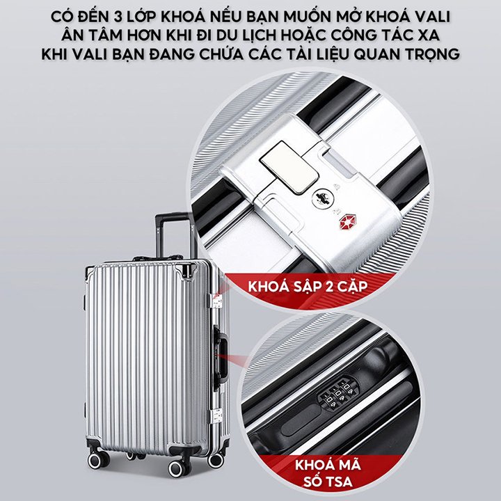 Vali Du Lịch Khung Nhôm Vỏ Nhựa PC ABS Đàn Hồi Cao Cấp Chống Bể Vỡ Chống Rạch Khóa 3 Lớp Bảo Hành Đổi Mới