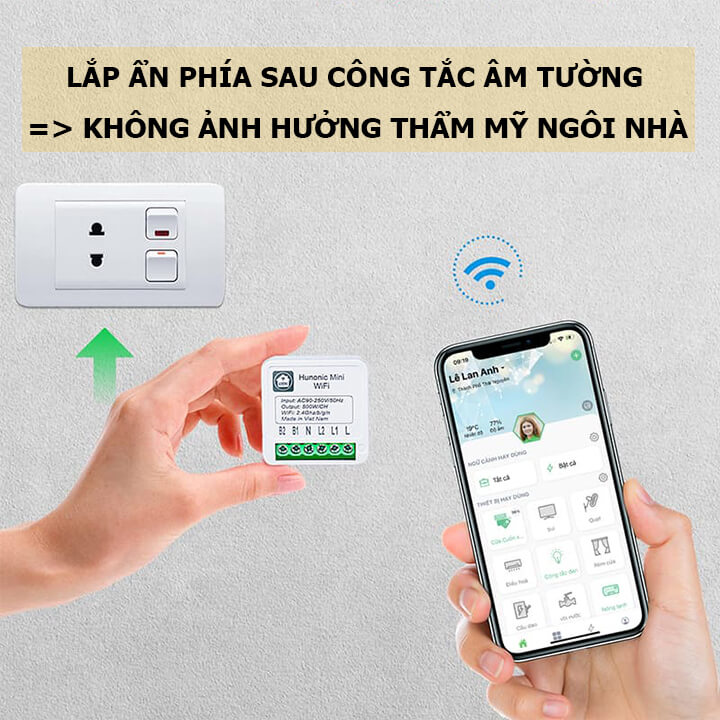Công tắc Wifi Hunonic Mini 2 kênh 500W/kênh - LẮP SAU CÔNG TẮC ÂM TƯỜNG - Điều khiển từ xa bằng điện thoại