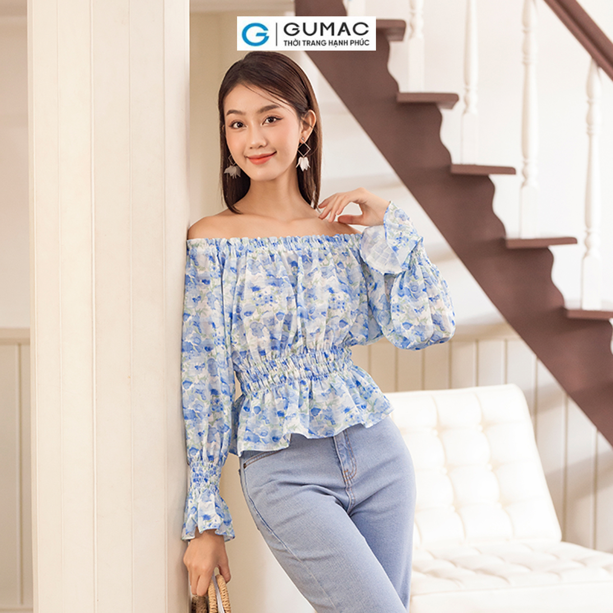 Áo kiểu hoa trễ vai thời trang GUMAC AD06022