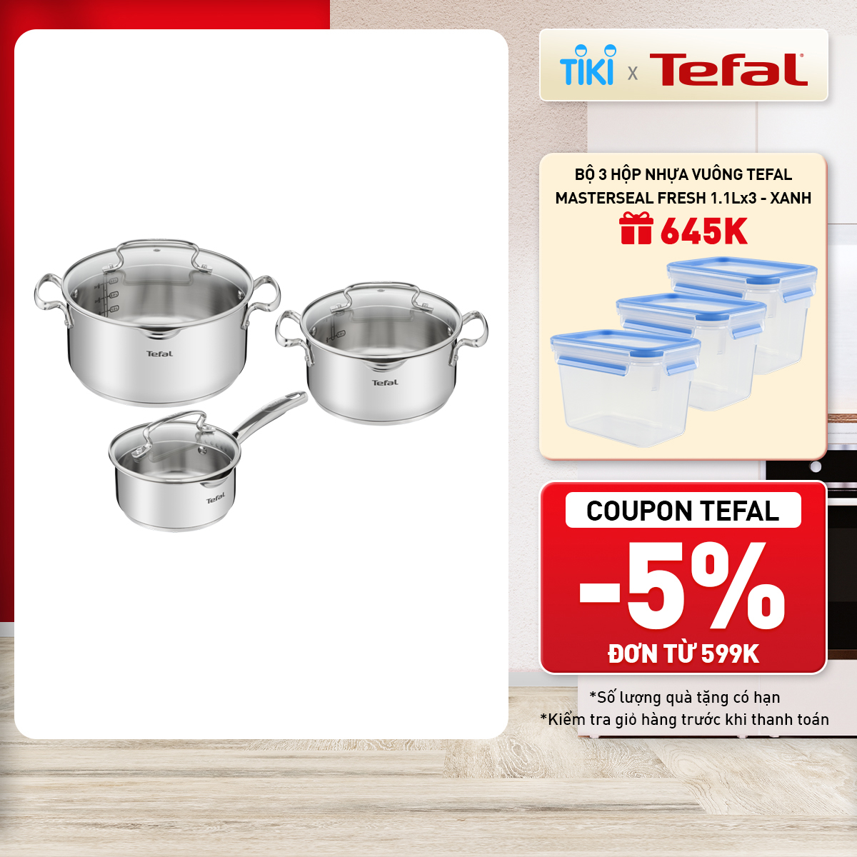 Bộ 3 nồi inox cao cấp Tefal Duetto Plus (Quánh 16cm - 1.4L, Nồi 20cm - 2.8L, Nồi 24cm - 4.9L) - Hàng chính hãng