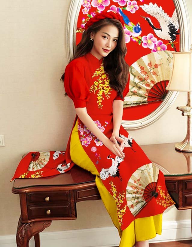 Áo dài cách tân tay bồng in 3D họa tiết cánh quạt AD011 - Lady Fashion