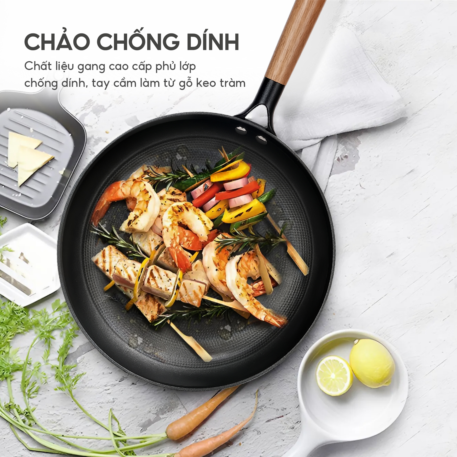 Chảo gang chống dính Lebenlang LBL2521 và LBL2522, size 24, 28, tay cầm gỗ dùng mọi loại bếp - hàng chính hãng