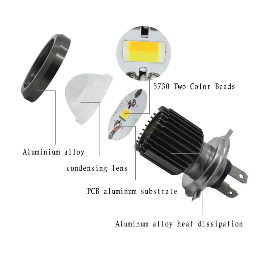 Bóng đèn pha bi cầu mini chân H4 siêu sáng , 2 chế độ vàng và trắng, dành cho wave, sirius, exciter, lead, sh.....