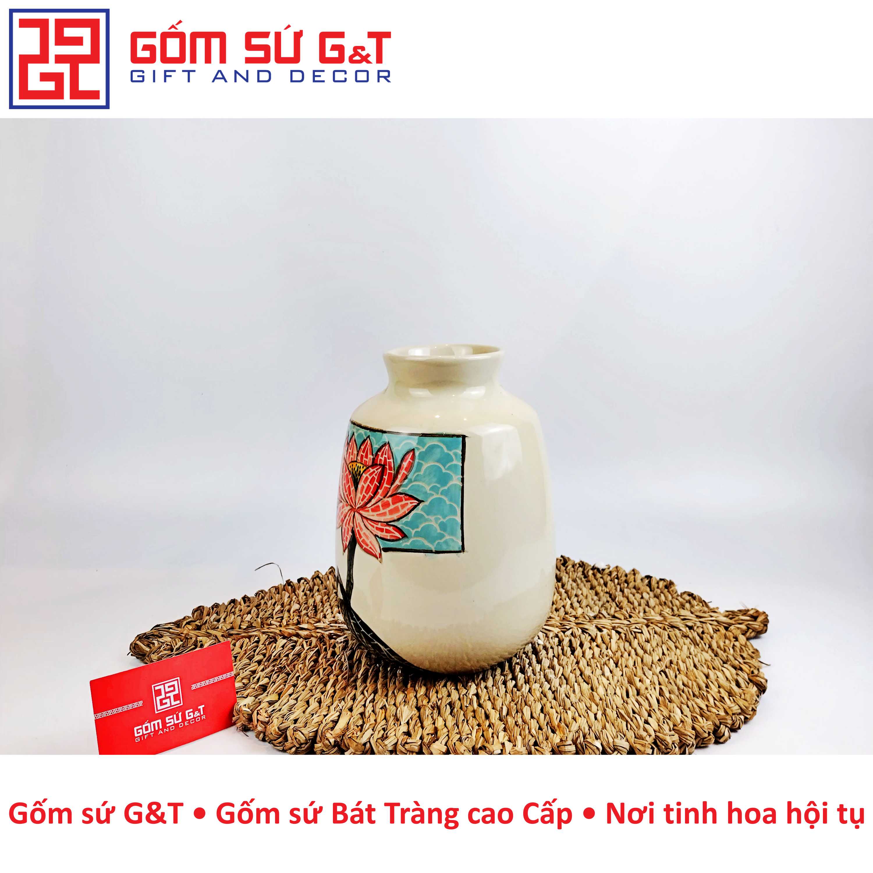 Lọ hoa vai vuông vẽ sen Gốm Sứ G&T