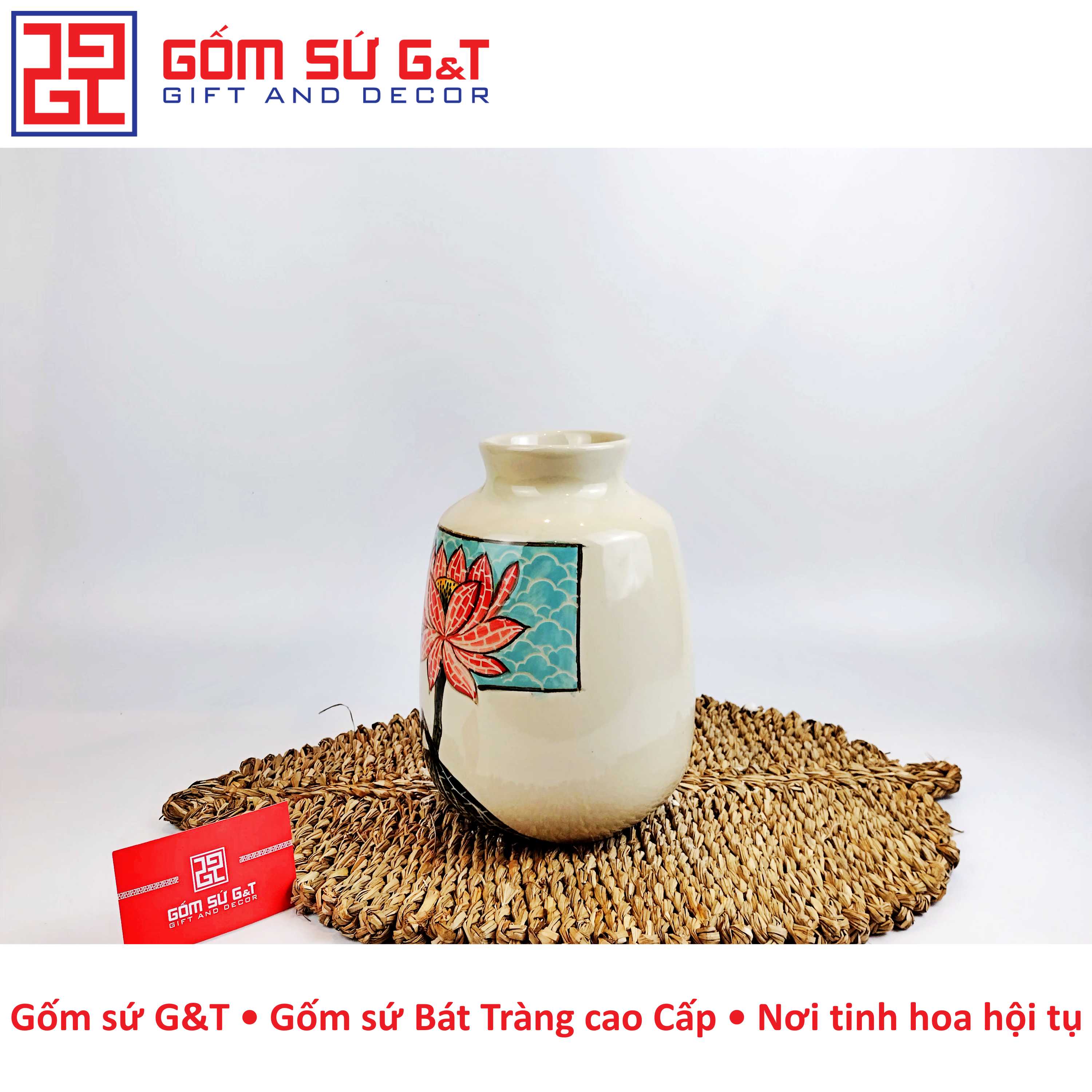 Lọ hoa vai vuông vẽ sen Gốm Sứ G&amp;T