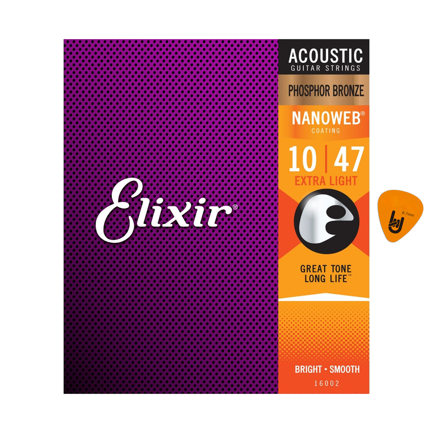 Elixir 16002 - Dây Đàn Acoustic Guitar Cỡ 10 (.010-.047) Phosphor Bronze Strings Extra Light (Bộ Dây Ghi-ta phủ lớp Nanoweb cao cấp) - Kèm Móng Gảy DreamMaker