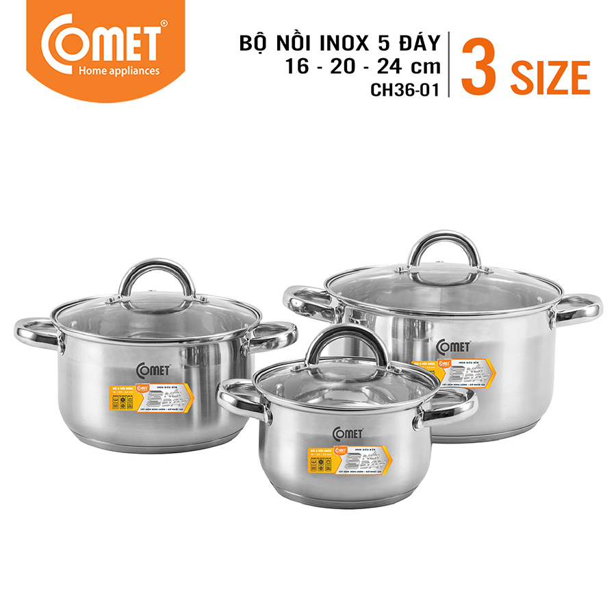 Bộ 3 Nồi Inox 304 5 Đáy Comet CH36-01 3 Size 16cm, 20cm, 24cm