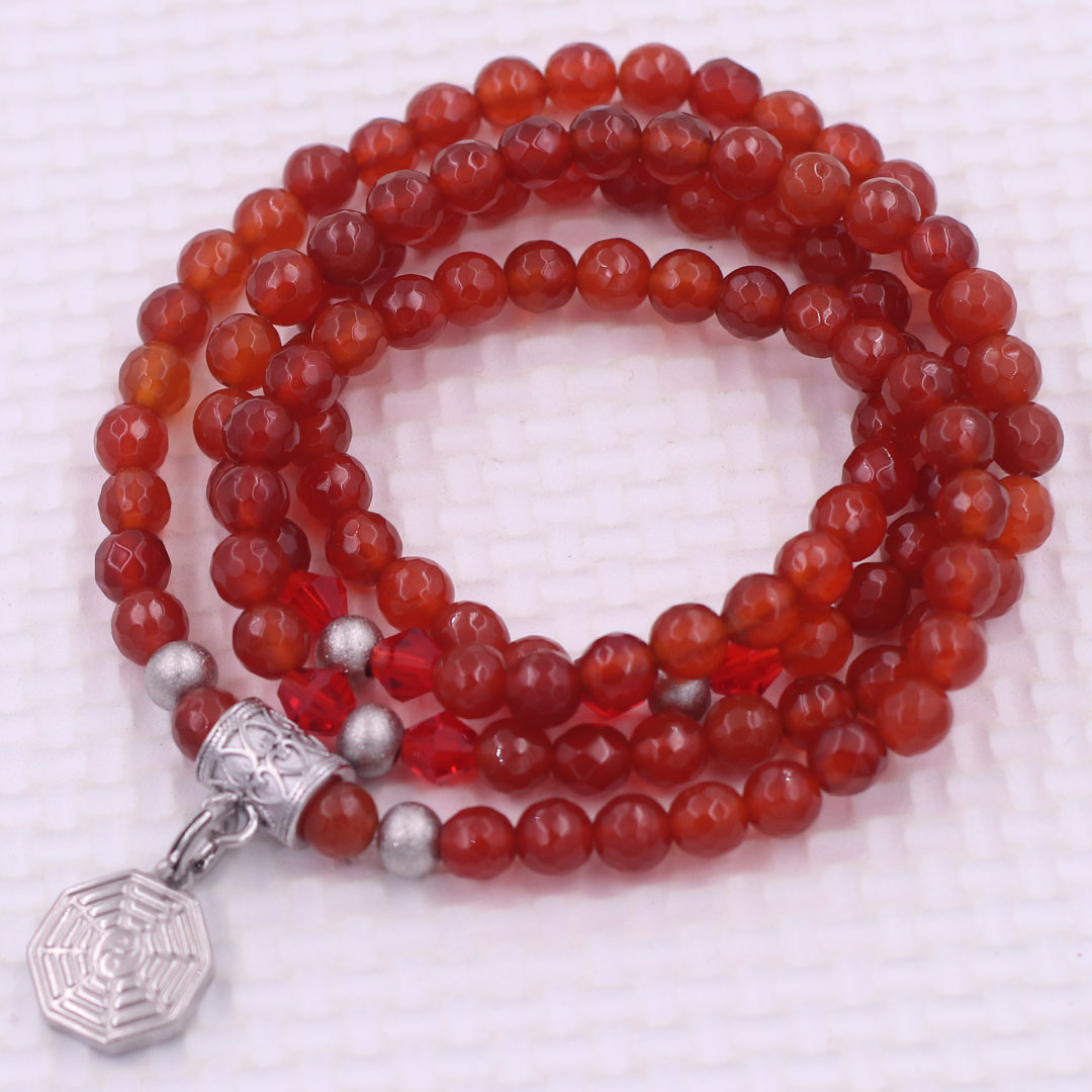 Vòng chuỗi 108 hạt mã não đỏ cắt giác 6 ly charm bát quái inox - vòng chuỗi niệm Phật, vòng tay chuỗi hạt