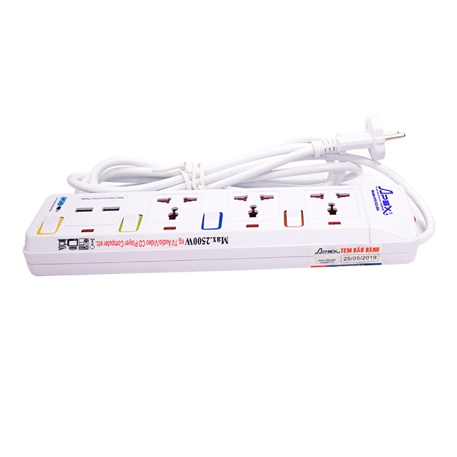 Ổ Cắm Điện Kèm Sạc Nhanh USB Sunhouse APEX APE-OC2-3RU - Chính Hãng