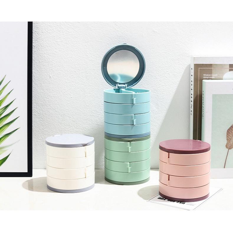 Hộp Đựng Trang Sức Tròn Có Gương 4 Tầng Xoay 360 Độ