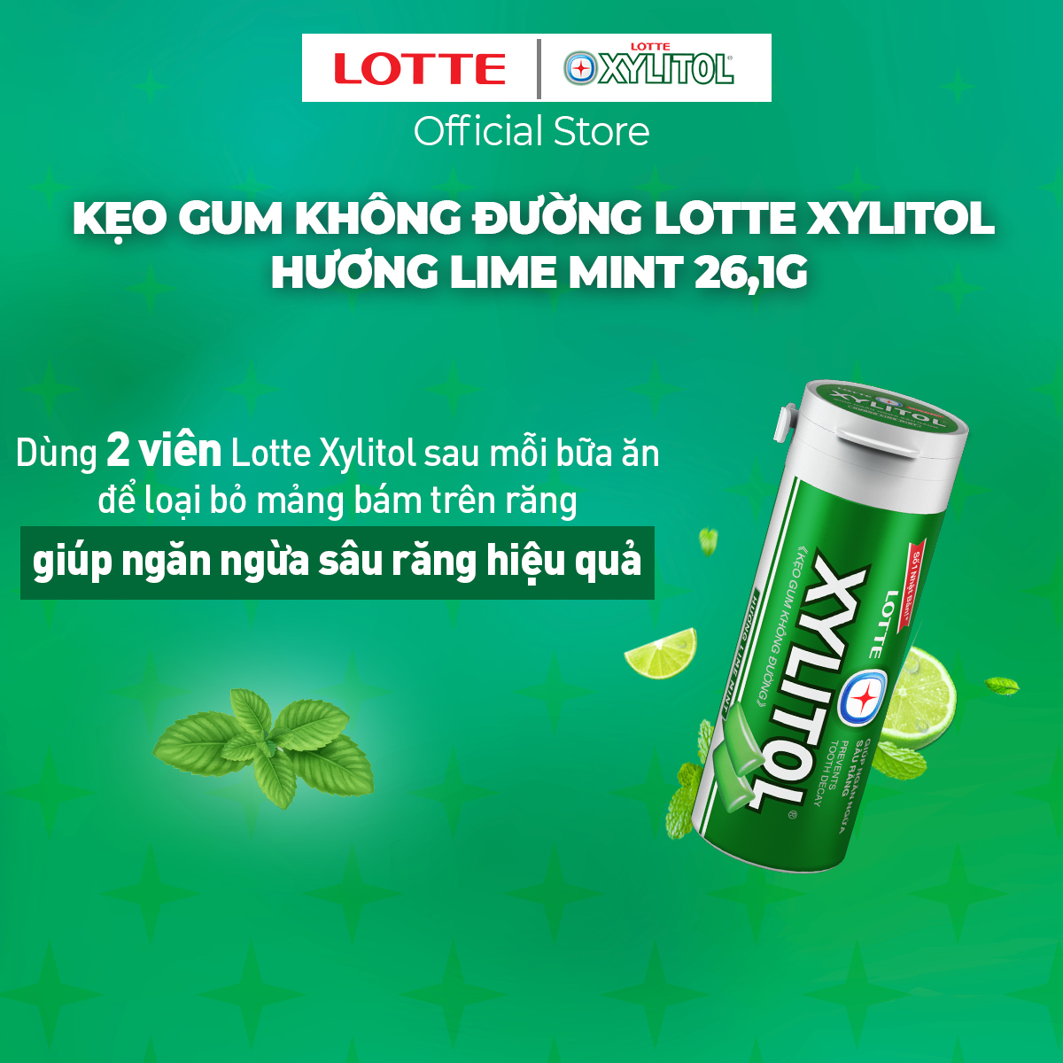 Combo 12 hũ Kẹo Gum không đường Lotte Xylitol - Hương Lime Mint 26,1 g