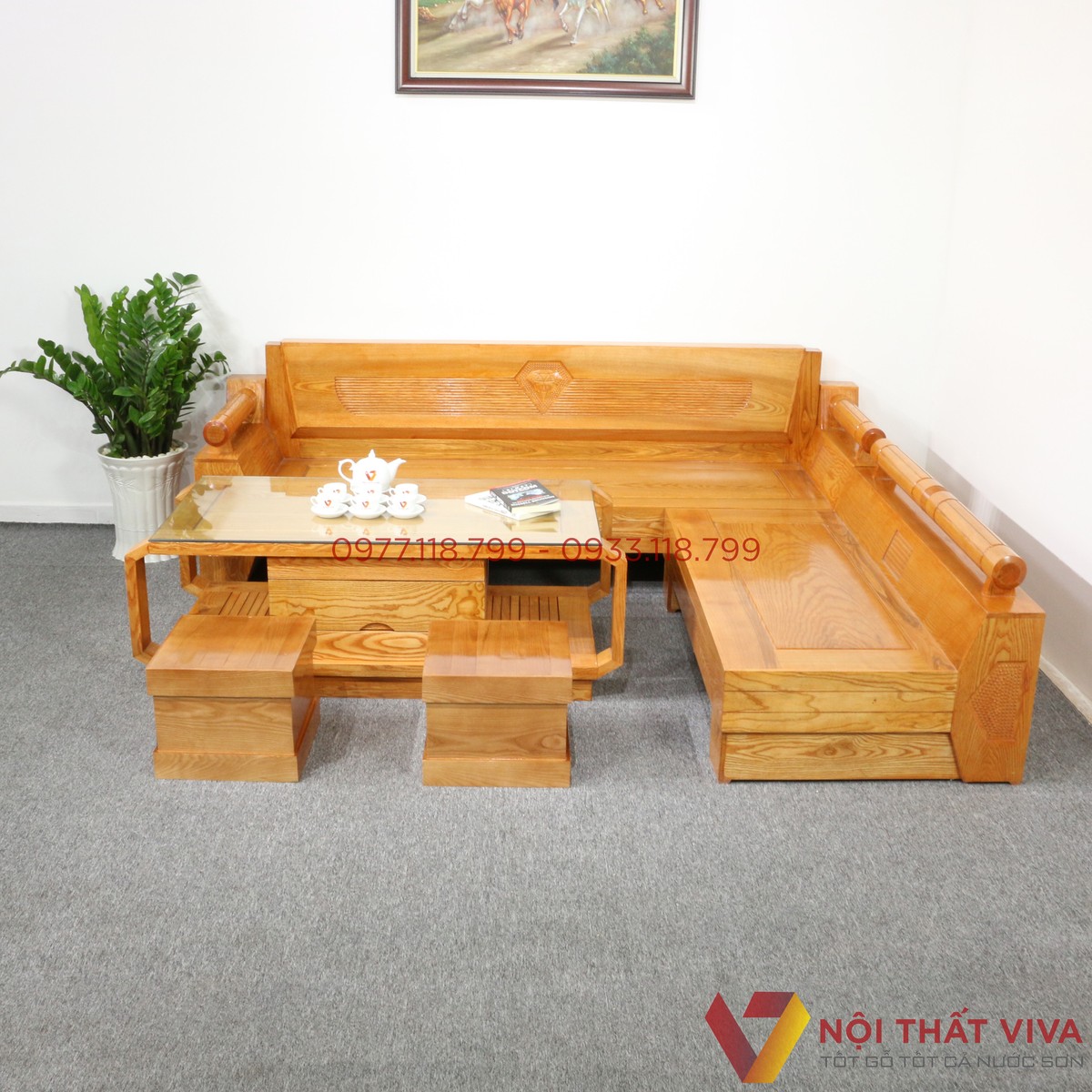 Bộ Sofa Góc Chữ L Chạm Kim Cương Gỗ Sồi Nga Đẹp Giá Rẻ