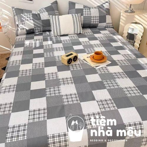 Bộ Chăn Ga Gối Cotton Livingm6/m8/2m-Tiệm Nhà MêuSet 4 Món 2 Vỏ gối ,drap , vỏ chăn Cotton 100% Caro Xám