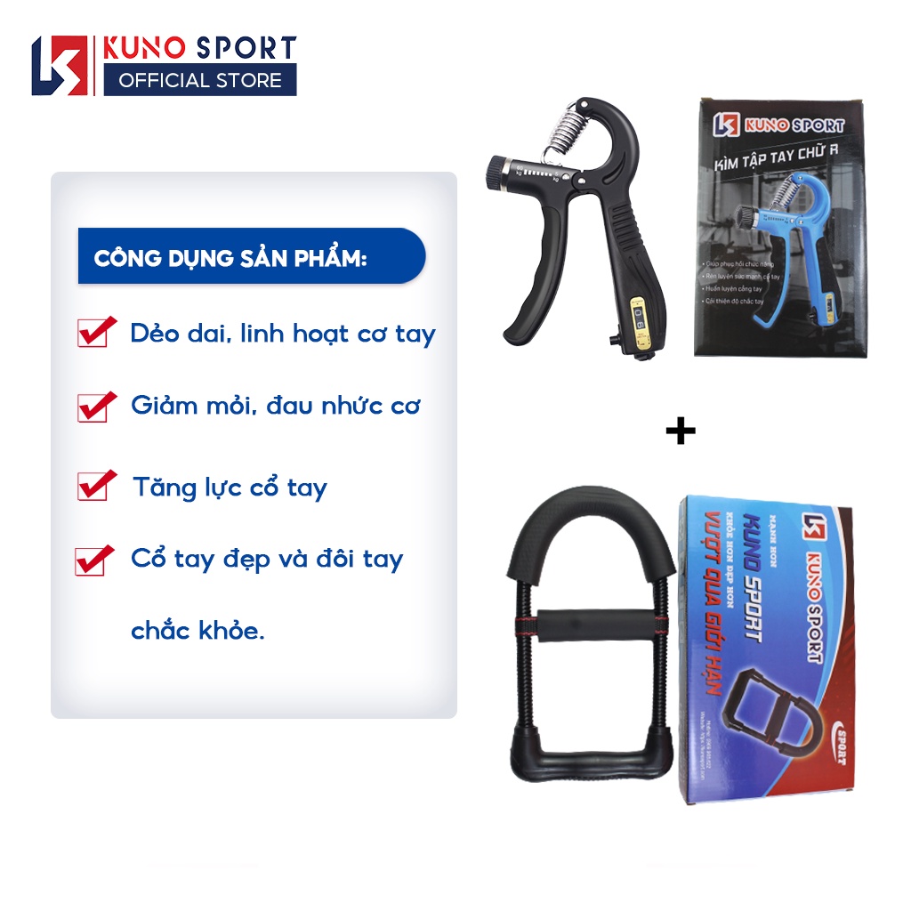 Combo dụng cụ tập cơ tay KUNO SPORT, kìm bóp tay chữ R có đếm số và dụng cụ tập tay chữ U