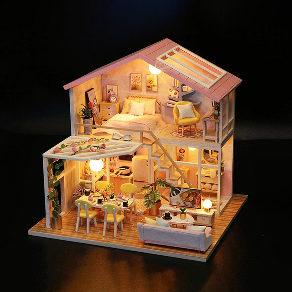 DIY Dollhouse Miniature Kit with Furniture Kits 3D Wooden Miniature House - 2 Stories Miniature Dolls House Cottage Building Model