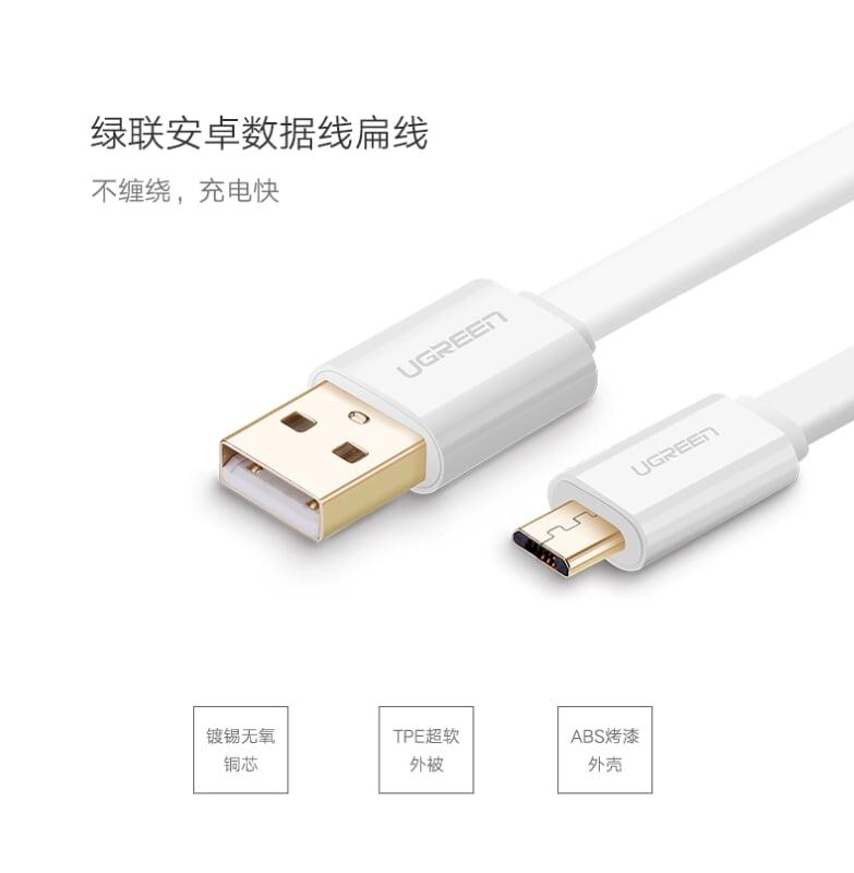 Ugreen UG30680US118TK 0.5M màu Trắng Cáp sạc truyền dữ liệu USB 2.0 sang MICRO USB dáng dẹt - HÀNG CHÍNH HÃNG