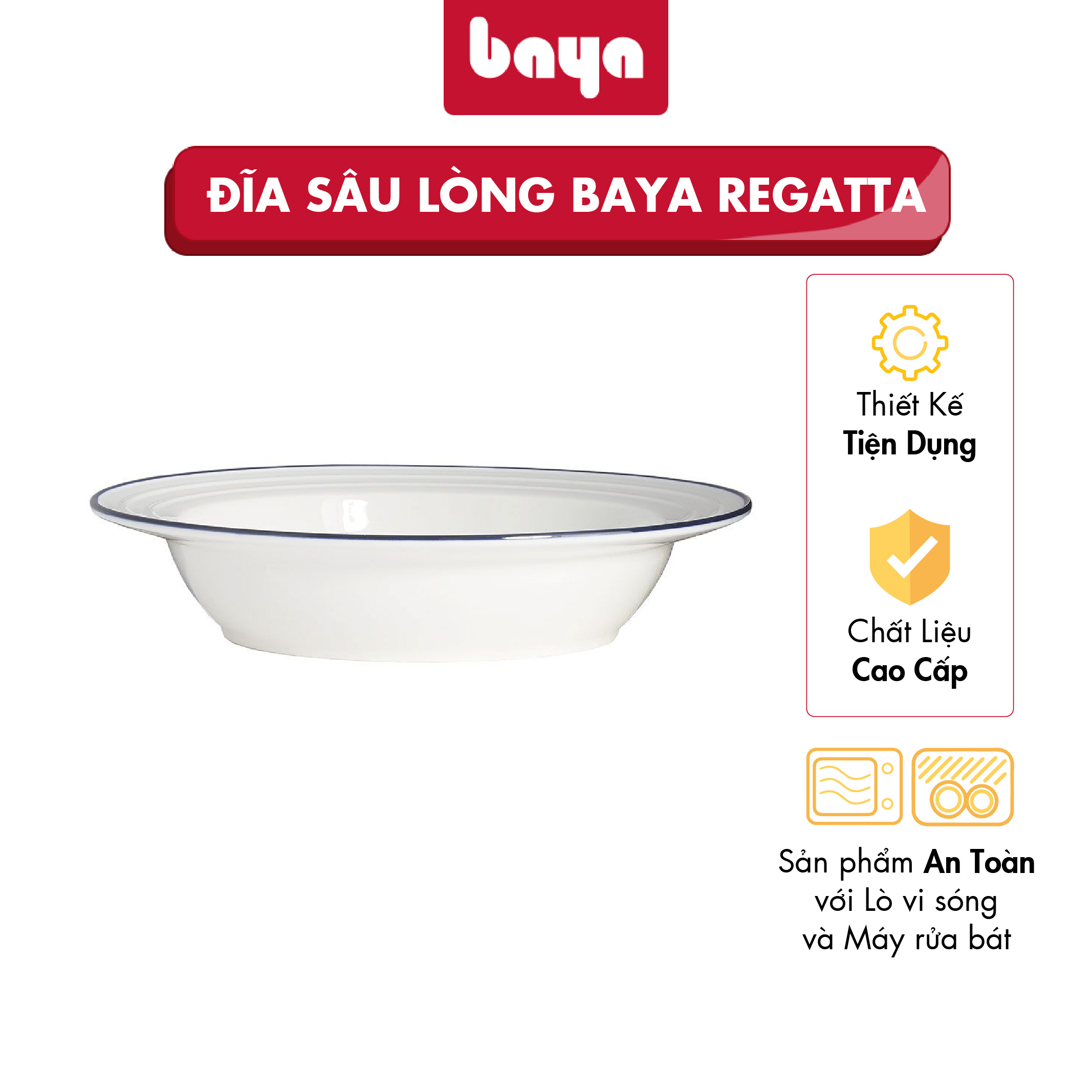 Đĩa Sứ Trắng Sâu Lòng BAYA REGATTA Chất Liệu Sứ Trắng Tráng Men Viền Xanh Bóng Cao Cấp Phong Cách Hiện Đại 1062311